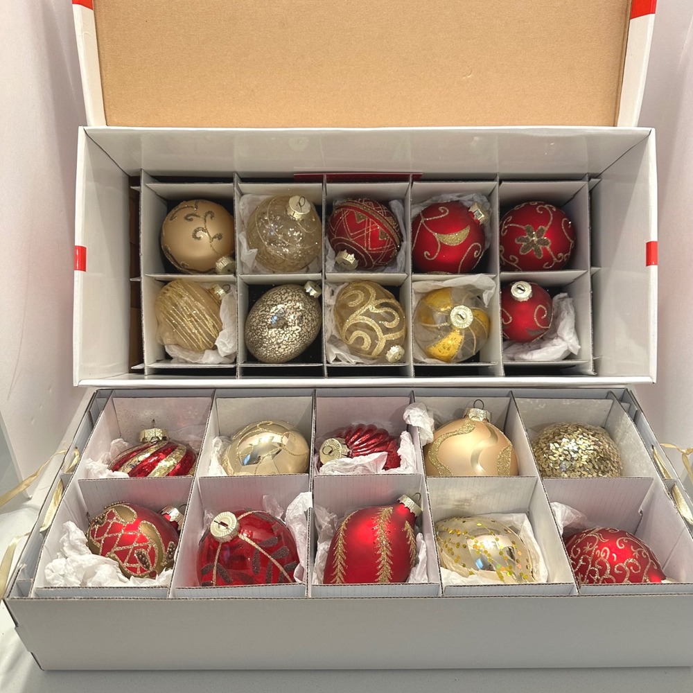 Winter Lane Red Gold Glass Christmas Ornaments Set of 20 Glitter Sequin Assorted